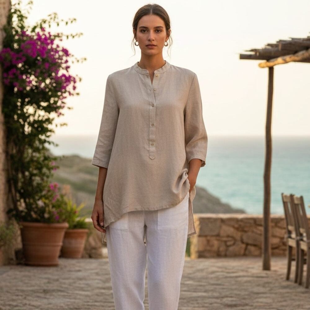 PAR EN PAR The Easy Tunic Blouse in Bone Gray Size Medium NWT